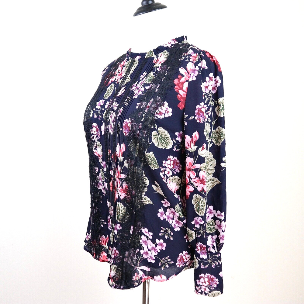 Ann Taylor Size M Lace Pleated Front Blouse Floral Print Navy Pink